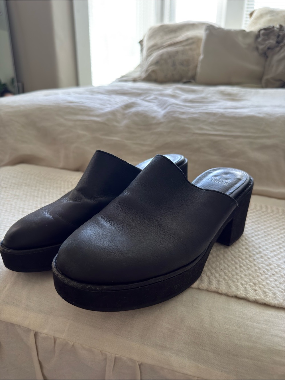 Eileen Fisher Black Leather Platform Mule Clogs